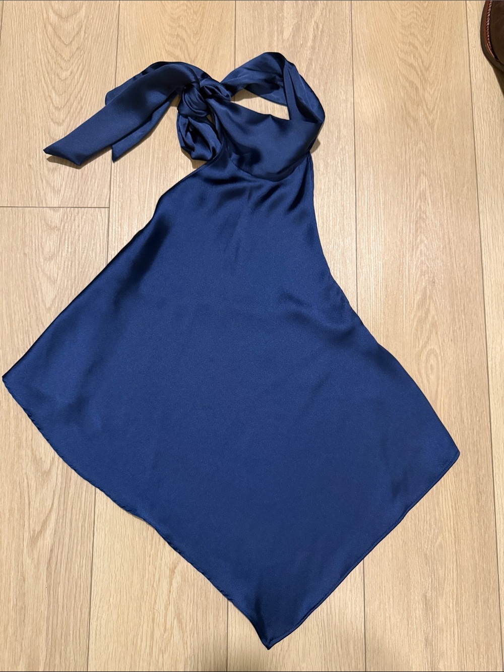 Navy Satin Halter Top with Neck Tie